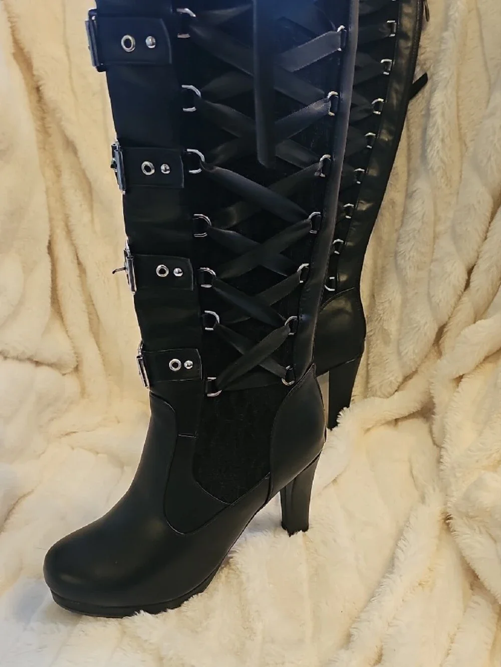 Black Knee High Lace-Up Heeled Boots with Buckle Straps